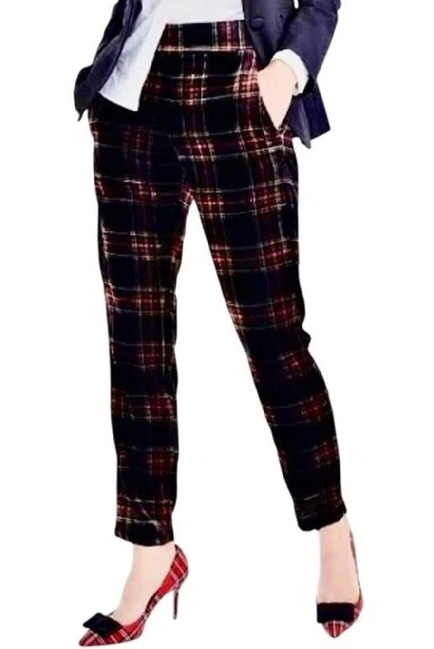 J.Crew Easy Pant Stewart Tartan Velvet Plaid Pull On Holiday Cropped Black Red S